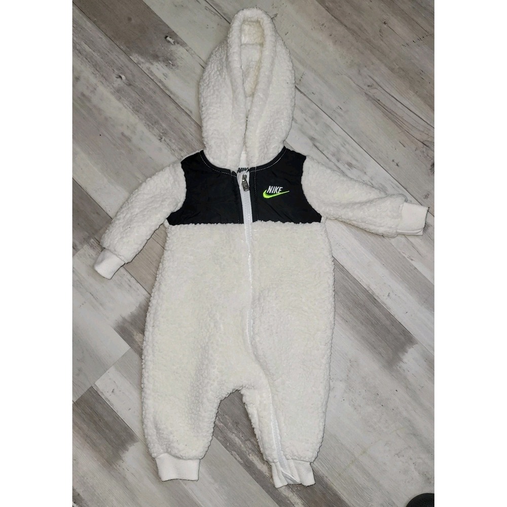 Nike‎ Baby Sherpa Fleece Hooded Jumpsuit White Black Neon Green 3M 56-62cm